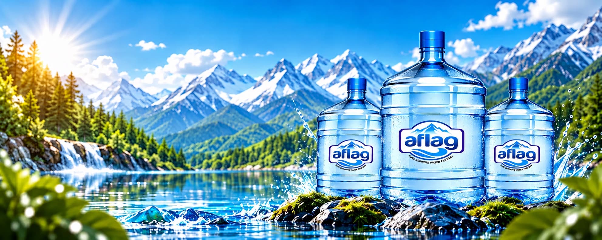 Three Aflag 5 gallon water bottles by a clear mountain river with a waterfall