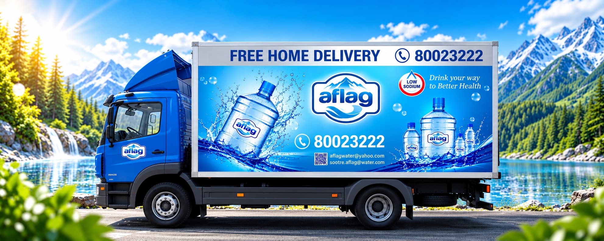 Aflag delivery truck by a mountain lake